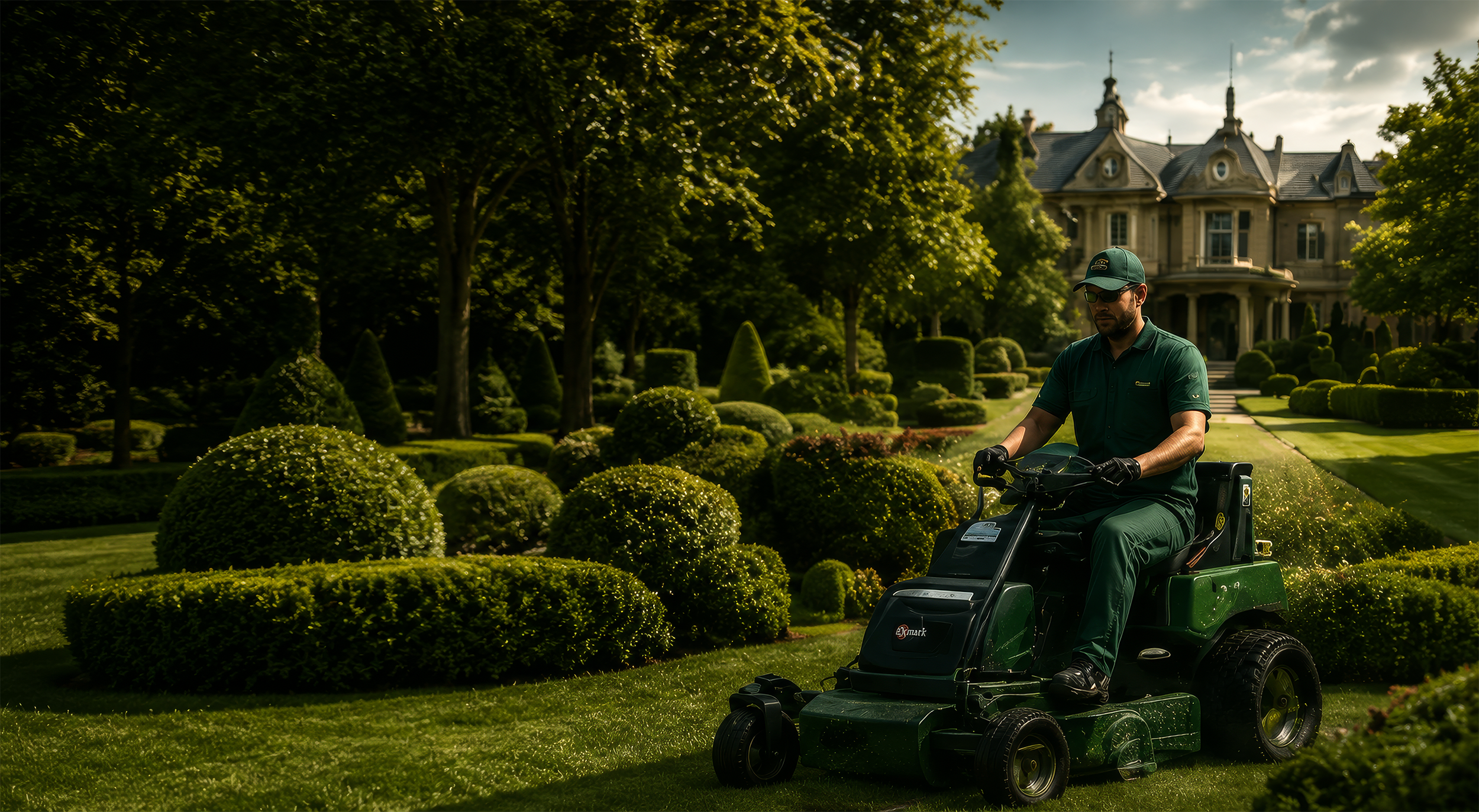 Professional landscaper mowing the lawn on a luxury estate garden