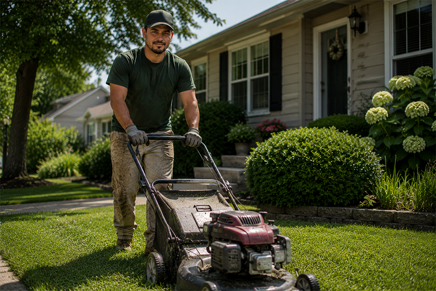 Professional lawn care worker mowing green grass in front yard.